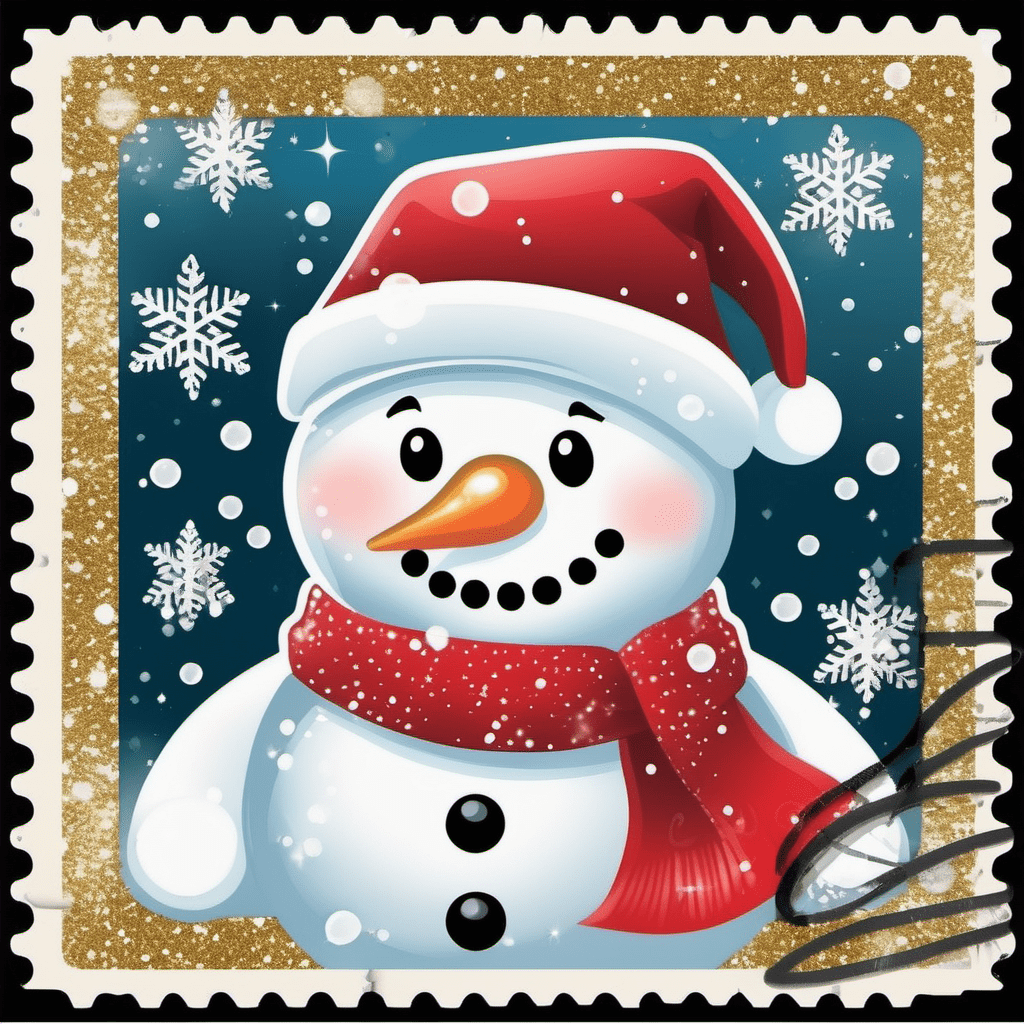n a vintage postage stamp with a 4D clipart full portrait of a cute snowman