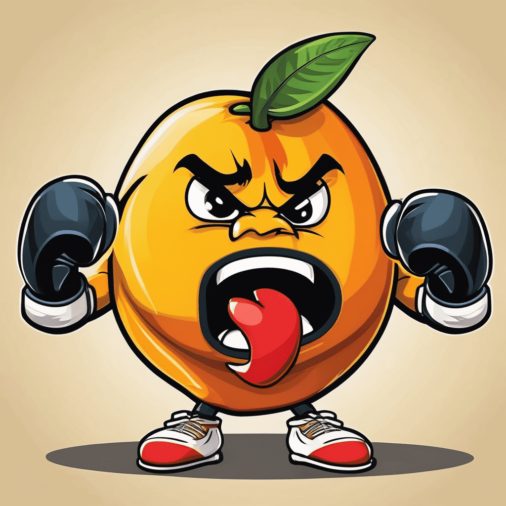 Angry cartoon mango with boxing gloves that looks kind of like the world famous boxer Mike Tyson
