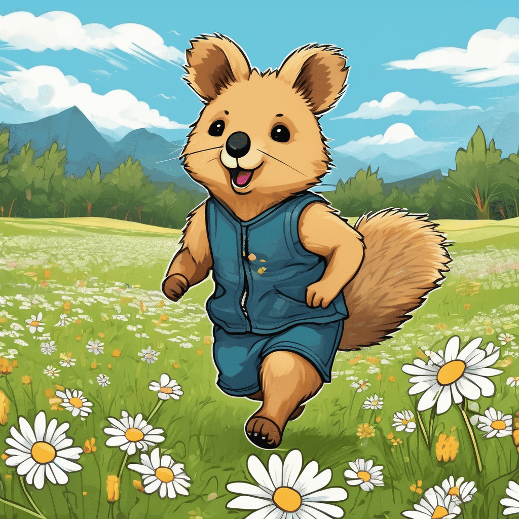 a chibi style quokka running in field of daises