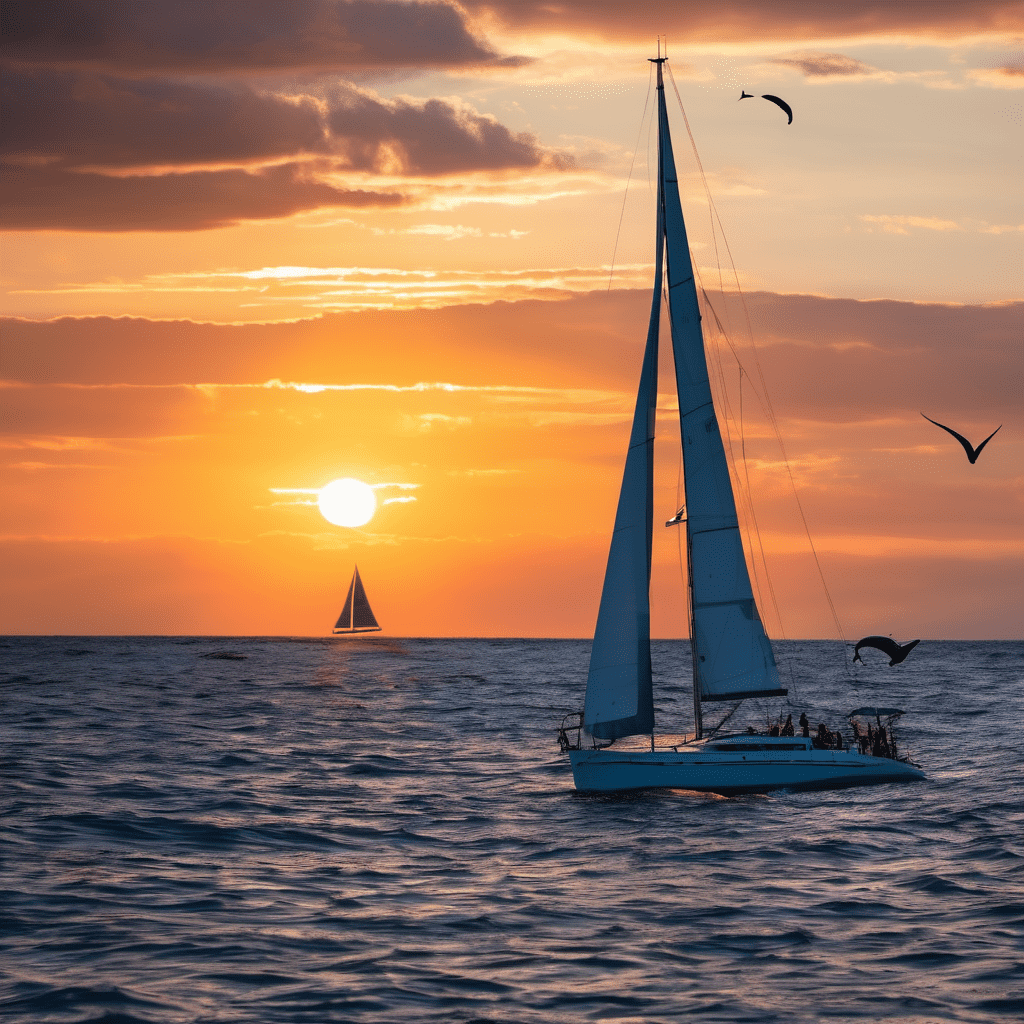 Un velero en el mar en un atardeces casi color naramja y delfines muy cerca al velero