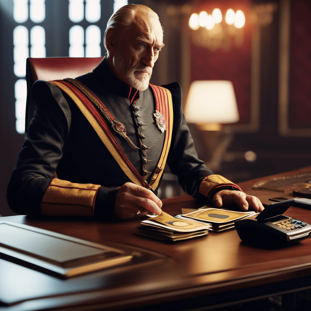 Tywin Lannister hold Plastic bank credit card in right hand and POS P1000 terminal on desk