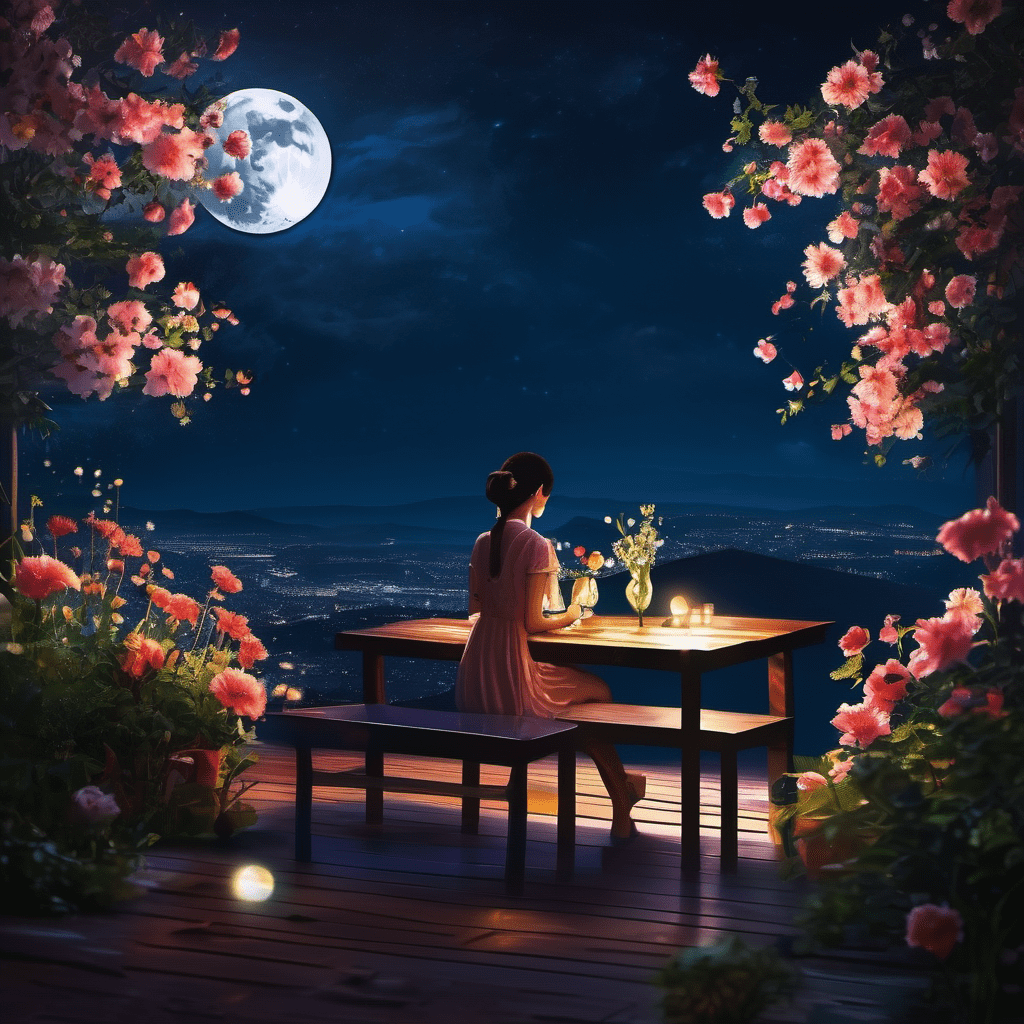 a girl that sit on the table in the moon light at night