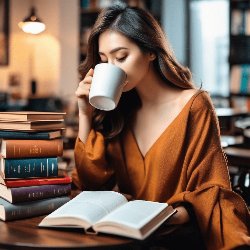 书桌上放着一些书一个美女在拿着杯子喝咖啡